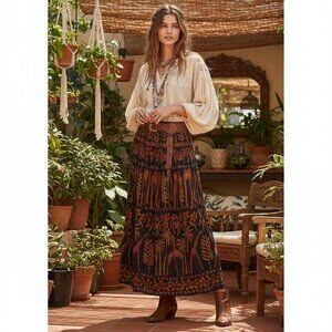 Vtg Silver Stream Broomstick Maxi Skirt Brown Black Boho Giraffe Print One Size